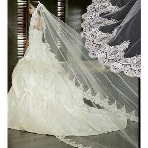NWT 1 Layer Long Trailing Floral Lace Wedding Veil Bridal Veil 118.11''